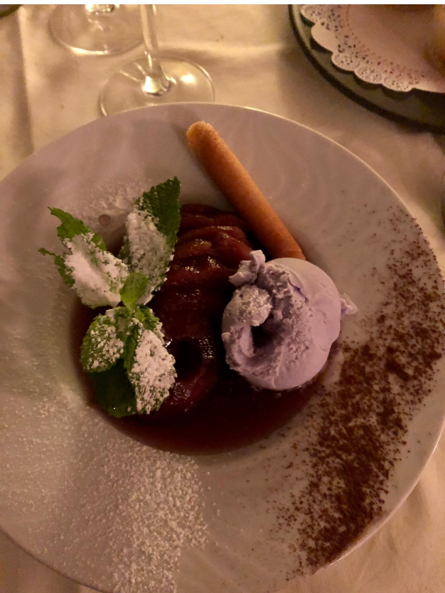 Poached Pear in Red Wine with Violet Ice Cream